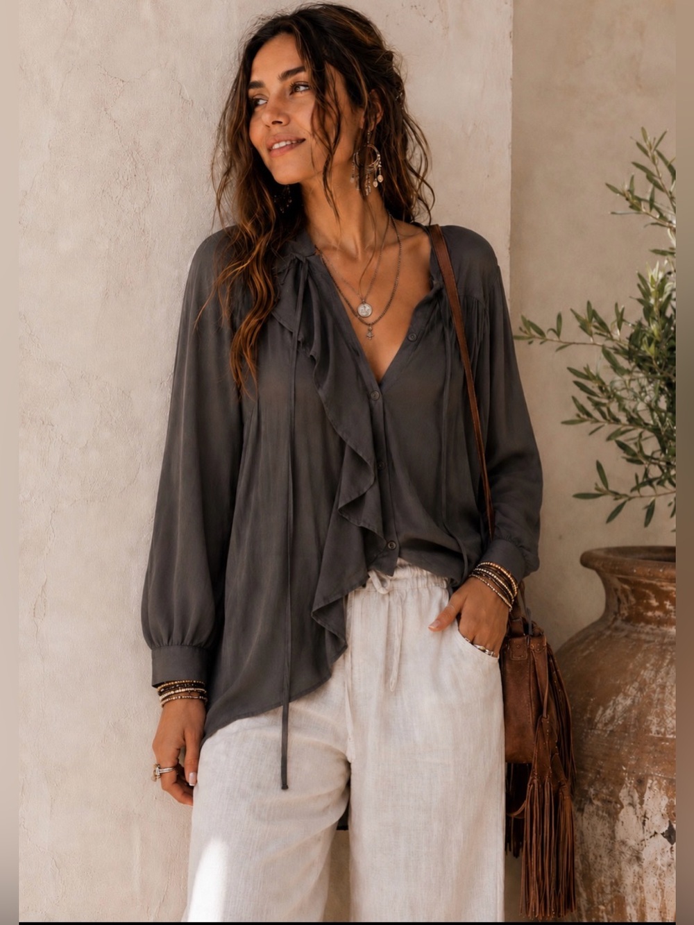 All Saints Co. Charcoal Long Sleeve Button-Front Blouse w Cascading Ruffle Sz. 6
